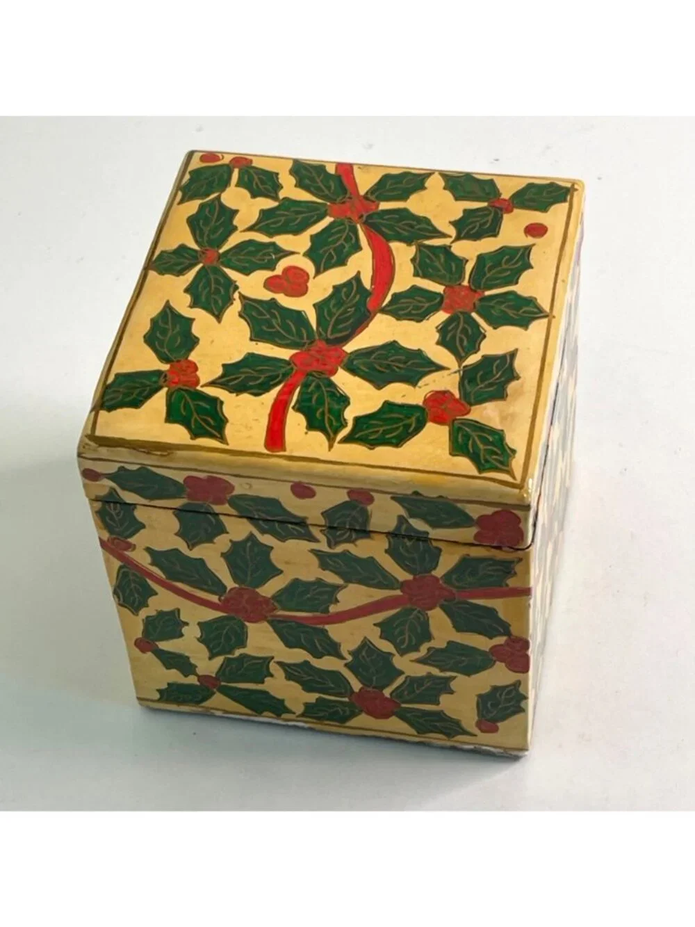 Vintage Hand Painted Wood Christmas Ornament Box Set Holy Berry Best Wishes & Co